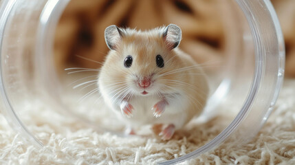 cute hamster peeking out from transparent tube on soft carpet
