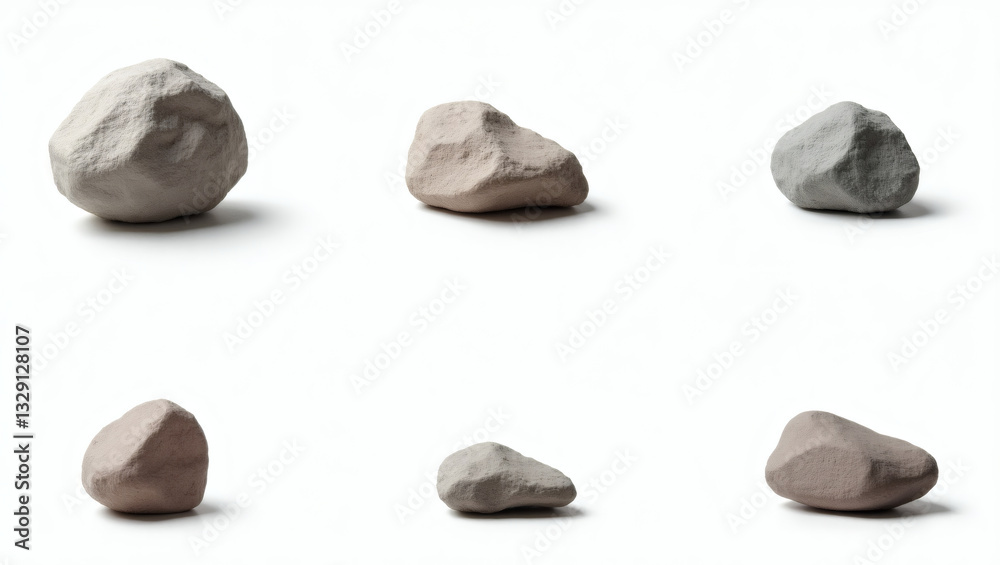 Poster a collection of six uniquely shaped stones, each with a distinct texture and natural color, arranged