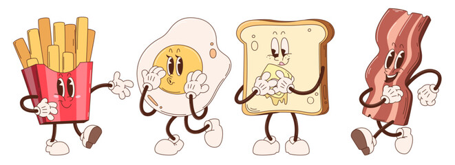 Retro breakfast characters set isolated on white background. Vector cartoon illustration of french fries, egg, butter toast, bacon mascots smiling, cute food icons for cafe or restaurant menu design © klyaksun