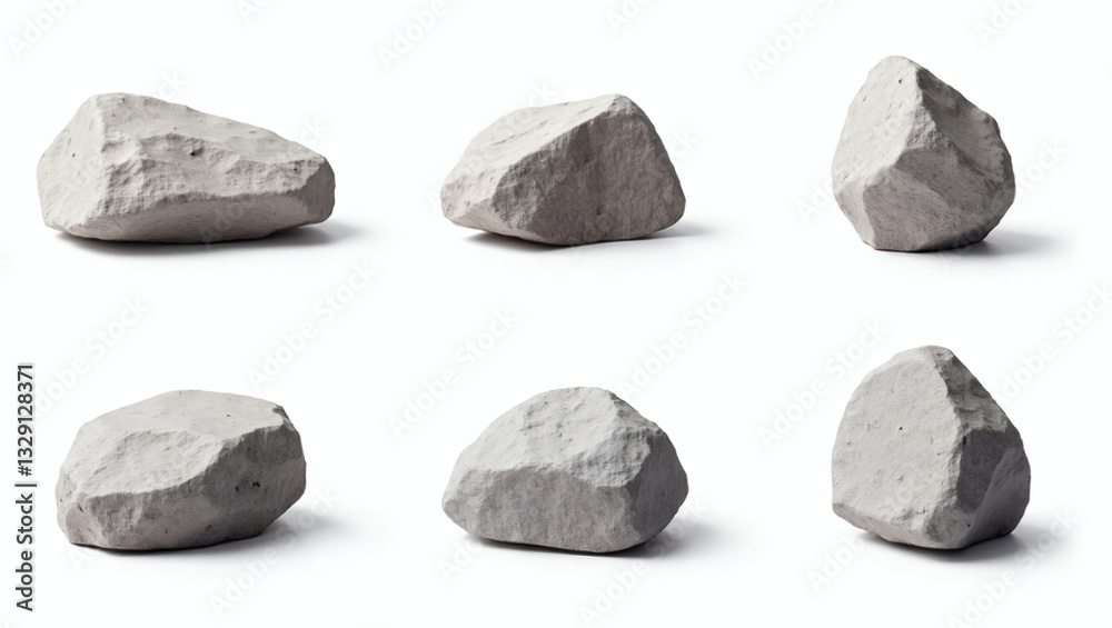 Poster a collection of six rocks of different shapes and sizes, arranged on a surface, showcasing their tex