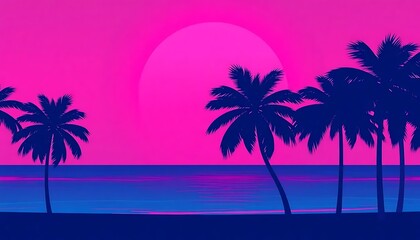 Naklejka premium Retro Style Tropical Beach Illustration Palm Trees Pink Sunset