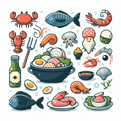 seafood, fish, restaurant, food, vector, illustration, menu, vintage, sketch, dinner, sea, fresh, design, ocean, shrimp, retro, ink, drawing, meal, background, lunch, graphic, market, gourmet, marine,
