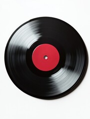 Analog vinyl record with red label on sleeve.
