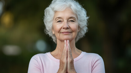 Senior woman practicing yoga in serene park, expressing calmness and mindfulness. Her joyful demeanor reflects benefits of yoga for well being and relaxation