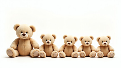 a family of teddy bears sitting in a row, each with a charming and adorable appearance. The plush toys sit together, offering a sense of warmth and companionship