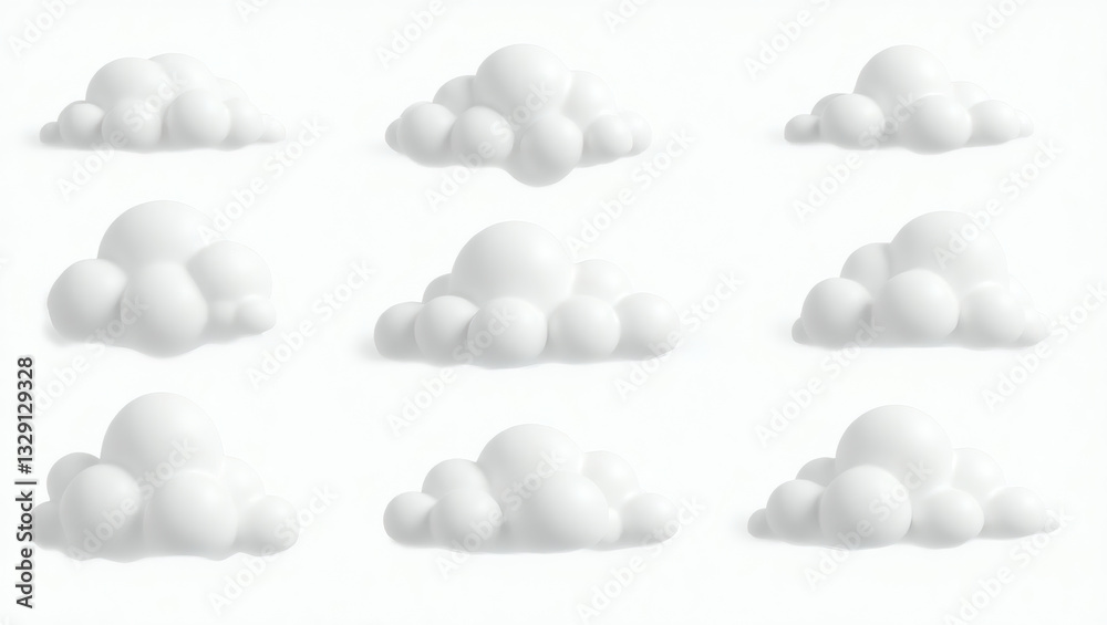 Aufkleber nine fluffy clouds isolated on a clean backdrop. The clouds are soft and rounded, with various shapes and sizes