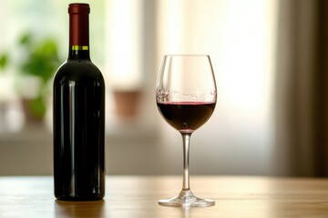 A clear glass of red wine on a table with a bottle in the background, suggesting a relaxed or celebratory atmosphere.