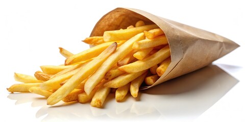 Isolated high-resolution image: golden French fries tumble from a paper cone, showcasing their crispy texture and tempting appeal.