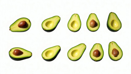 a collection of sliced avocados, arranged in a row, showcasing their creamy green flesh and seed