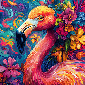 Vibrant Flamingo with Tropical Flowers in a Psychedelic Dream
