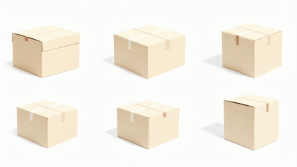 a collection of six cardboard boxes, arranged in two rows of three, Each box has a simple, folded design, and the image focuses on delivery and storage.
