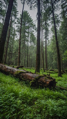 Fallen tree in the forest surrounded by grass.