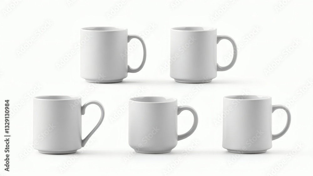 Poster a collection of five simple ceramic mugs with gray handles arranged together. They appear clean and modern.