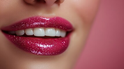 Fototapeta premium Ideal for beauty and cosmetology, a close up of beautiful full lips covered with shiny pink lip gloss showcases a perfect smile and potential lip augmentation against soft pink backdrop.