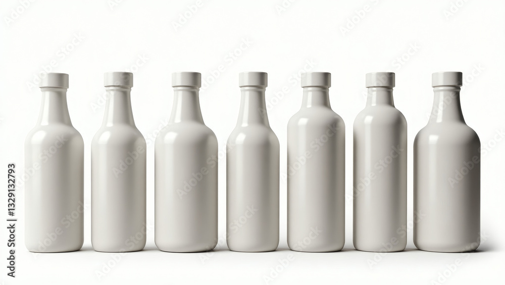 Poster six identical white bottles aligned in a row, ready for filling. the bottles are made of glass and h