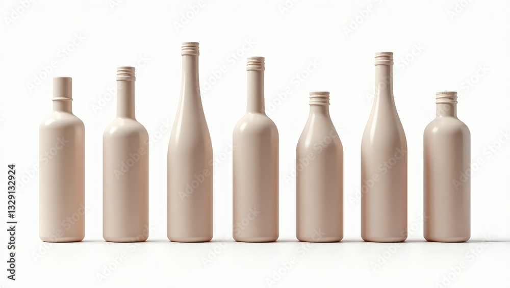 Poster an assortment of sleek and modern bottles, arranged neatly in a row. Each bottle has a unique shape and design. They have a light, soft pink color and a minimalist aesthetic