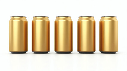 five golden cans aligned in a row. The cans are of uniform size and shine