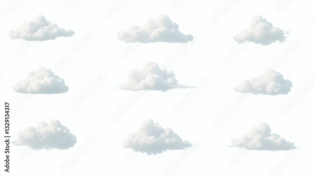 Poster a collection of fluffy clouds, showcasing various shapes and textures. these clouds evoke a sense of
