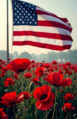 Memorial Day Concept. A national holiday in the United States, observed on the last Monday in May. A memorial poppy flower on the American flag in honor of Memorial Day and Veterans Day in the United 