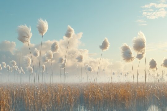 Fluffy white plants in a field, golden hues, misty sunrise