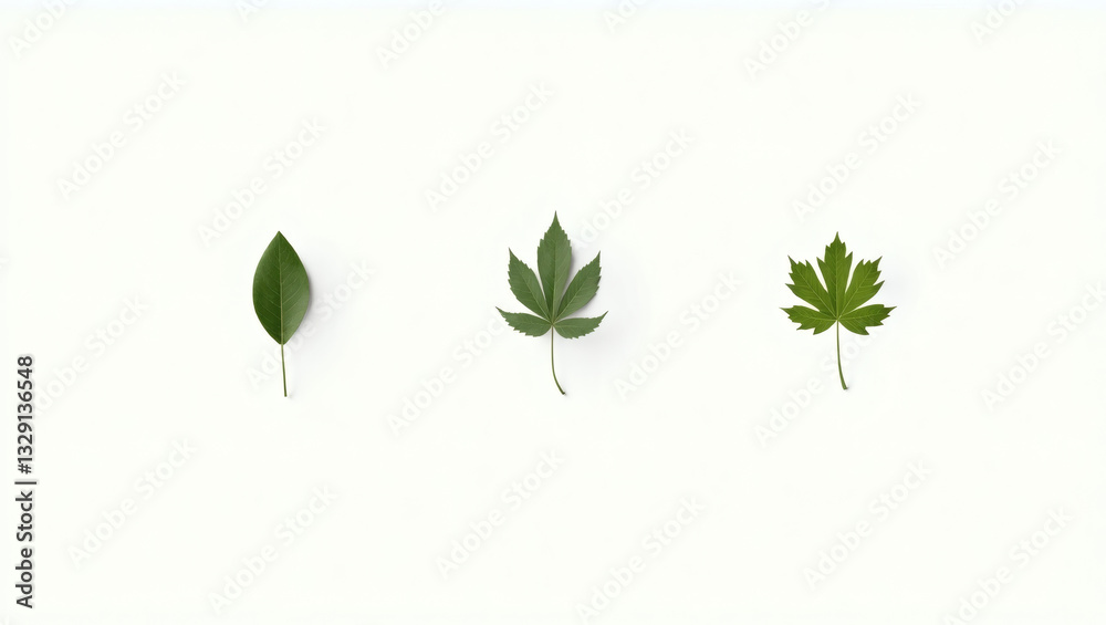 Aufkleber an overhead shot of three green leaves arranged in a row. Each leaf exhibits a different shape and texture, offering a minimalistic yet visually appealing composition