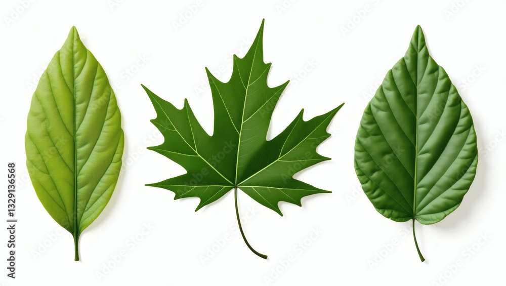 Poster a collection of three vibrant green leaves, showcasing different shapes and textures