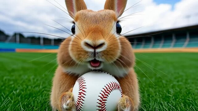 Rabbit is holding a baseball in its mouth. The rabbit is looking at the camera with a surprised expression