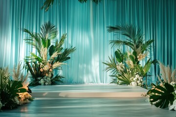 Fototapeta premium Floral and curtain decorated stage scene for special events gatherings