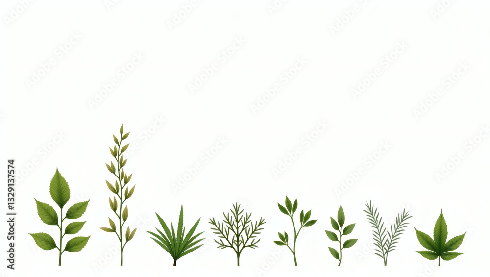 Poster collection of various green leaves with different shapes and textures