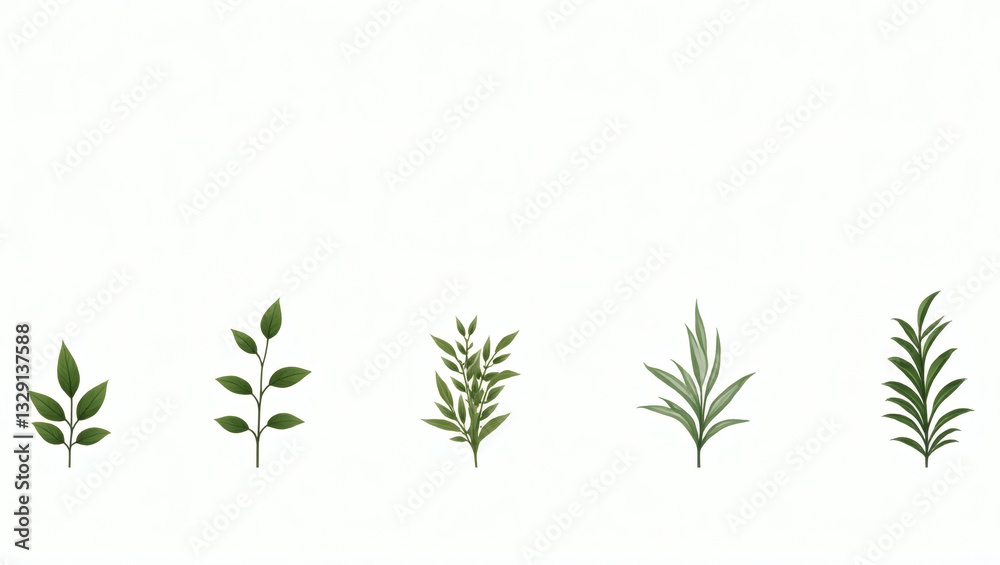Poster assorted branches with green leaves, presented in a row on a clean background, a simple, elegant composition