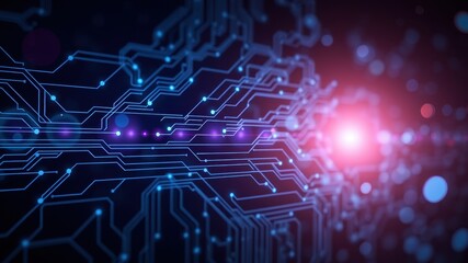 Abstract Digital Circuit Board Background with Blue and Pink Lights