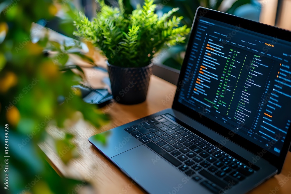 Poster modern workspace with laptop showing programming code on screen, surrounded by green plants creating
