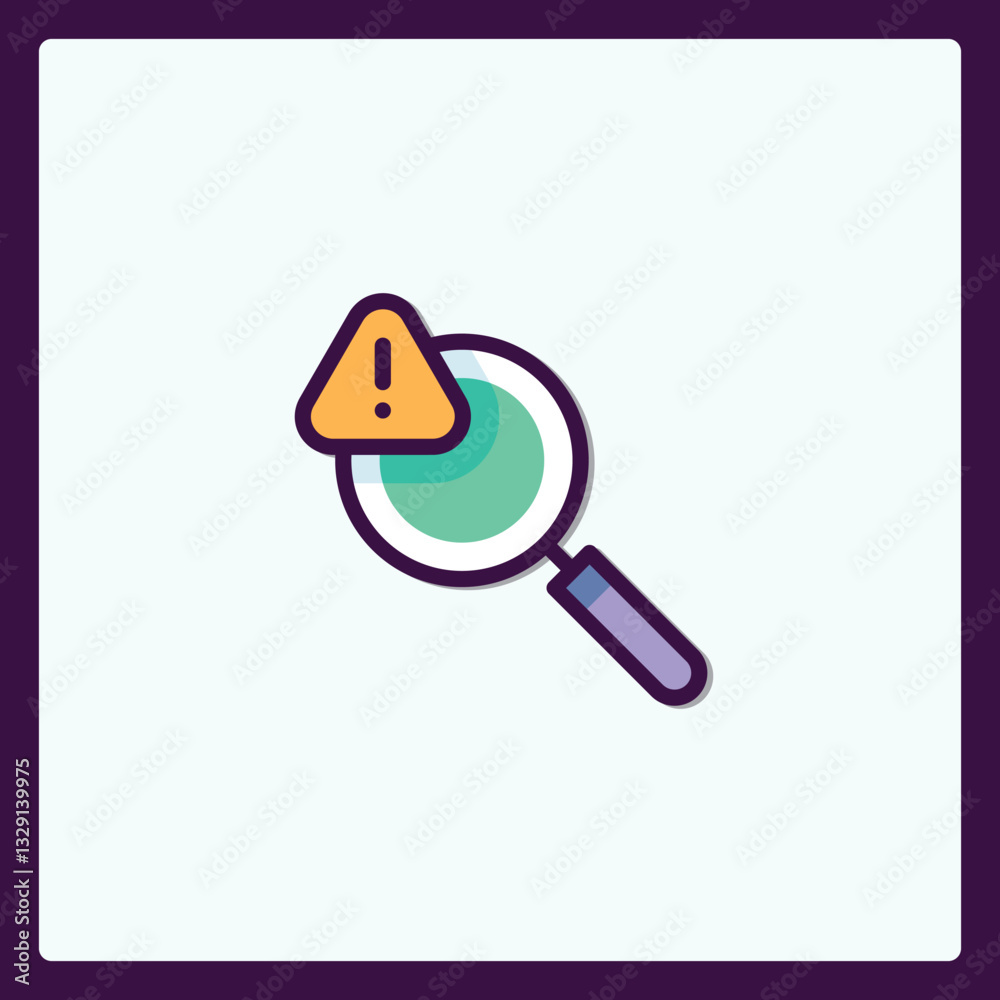 Poster magnifying glass icon with an alert symbol for finding errors and issues