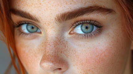 Fototapeta premium Natural beauty and health in cosmetology and skincare are highlighted in a close up of beautiful female eyes with long eyelashes and perfect freckled skin.