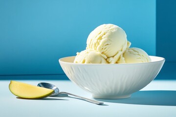 Serving of Mango Ice Cream with Fruit Slice and Spoon