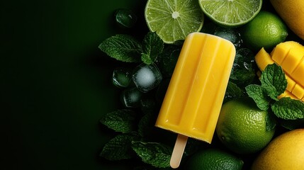 This visually stunning image highlights a yellow mango popsicle set amidst fresh limes and mint, visually appealing and refreshing, perfect for a summer treat.