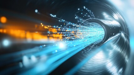 Dynamic stream of light pulsing through a high-tech pipeline industrial facility digital art futuristic environment close-up view energy flow concept