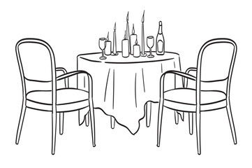 Hand drawn chalk table and chairs illustrations. Italian style wedding dinner table icon. Wine or champagne glass, candles drawings for wedding invitations, cafe menus and parties. Sketch doodle style
