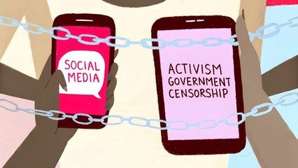 Illustration of a Lone Figure Holding Smartphones Depicting Themes of Social Media and Activism in a Restricted Environment