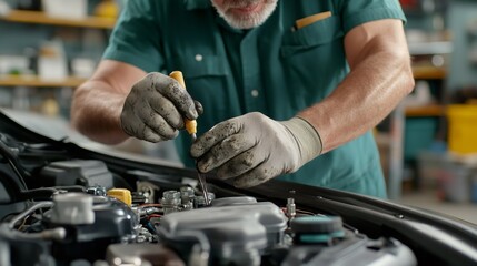 Experienced auto mechanic repairing car engine using screwdriver in garage
