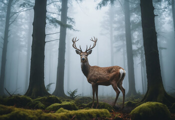Deer stands in a forest with foggy weather. 