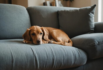 Brown dog laying on a blue couch. 