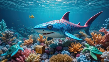 Naklejka premium Colorful Cartoon Shark Swimming near Treasure Chest in Vibrant Coral Reef Ocean Scene
