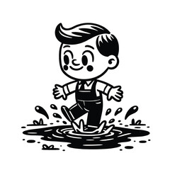 Cheerful Child Splashes in Puddle - Black and White Cartoon Art