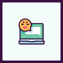 Social media interaction displayed through icon of laptop and cheerful face