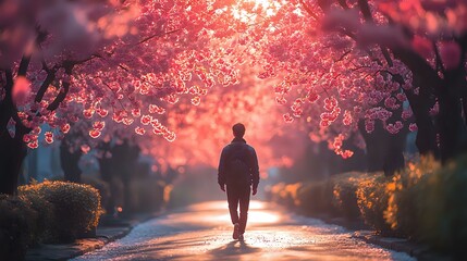 Fototapeta premium Silhouette of person walking alone on path under blooming cherry trees at sunset, creating magical pink atmosphere with bokeh lights and spring blossoms.