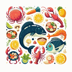 seafood, fish, restaurant, food, vector, illustration, menu, vintage, sketch, dinner, sea, fresh, design, ocean, shrimp, retro, ink, drawing, meal, background, lunch, graphic, market, gourmet, marine,