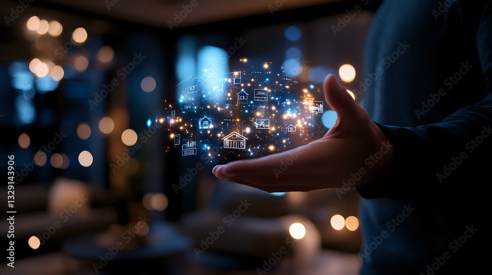 Poster glowing digital network icons float above hands in dark room with bokeh lights, representing technol