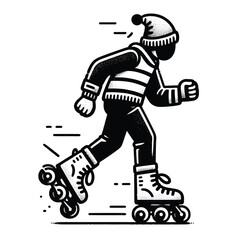 Fototapeta premium Retro Roller Skating Figure in Monochrome Ink Illustration