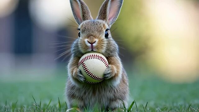Rabbit is holding a baseball in its mouth. Concept of curiosity and playfulness, as the rabbit seems to be enjoying its new toy